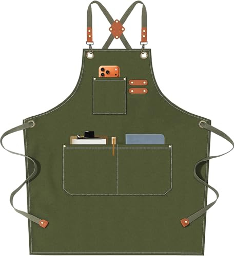 AFUN Chef Aprons for Men Women with Oversized Pockets, 16-Ounce Cotton Canvas Cross Back Heavy Duty Work Apron (Army Green)