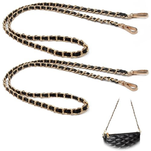 2 Stück Taschenkette 120cm Metall Handykette Gold Taschengurt Kette für tasche Bag Chain Taschenriemen Flacher Kettenriemen Handtaschenketten Umhängetasche Handtasche Geldbörse Ersatz (Gold/Schwarz)