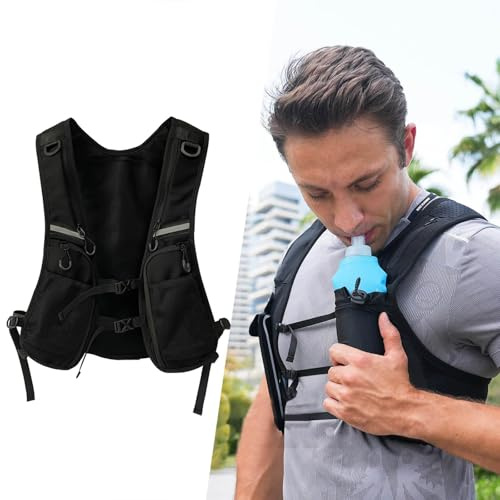 Laufweste mit Trinkflasche Herren und Damen - Running Hydration Vest - Outdoor Sport Multifunktionaler Camping Rucksack - Reflektierender Trinkrucksack - Kann Zwei Flaschen Wasser Halten (Schwarz)