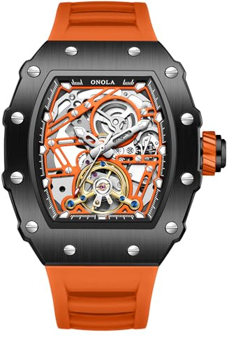 DAXIAOYU Mode Tonneau silikonrem helautomatiska klockor för män urholkade roder svänghjul mekanisk klocka Tourbillon skelett vattentät armbandsur, Svart orange, Lyx