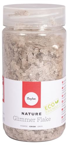Rayher Nature Glimmer Flakes, grob, 3 – 10 mm, silber, Streuflitter, Eco friendly, 100% natürliches Material, ohne Rückstände abbaubar, Dose 370 ml, ideal zum Basteln und Dekorieren, 39592606