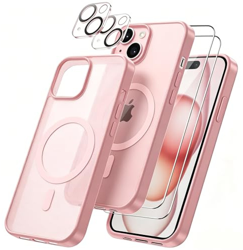 Cover per iPhone 15 Compatibile con 2 vetri temperati e 2 vetri per fotocamera, Translucent Matte Slim Back PC+TPU Bumper Shockproof Compatible Magnetic Cover per iPhone 15 - Rosa chiaro