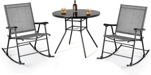3-teiliges Schaukel-Bistro-Set mit Tisch aus gehärtetem Glas, Outdoor-Möbel für Terrasse, Balkon, Pool, Garten, Gesprächssets mit 2 Schaukelstühlen, wetterbeständig und stilvolles Design (Tisch + 2)
