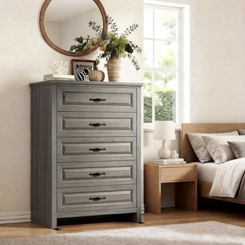 Pipishell Grey 5 Drawers Dresser Chests for Bedroom, 42.7 Inch Tall Wooden Dresser, Farmhouse Storgae Organizer with Large Drawers & Bar Handles for Bedroom, Entryway, Hallway, Grey