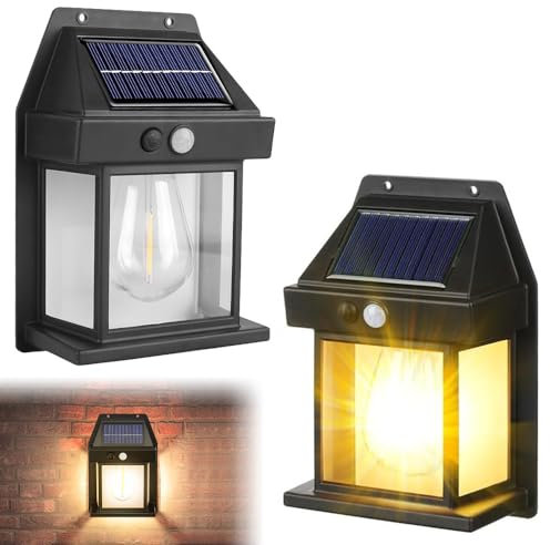 SKIKHN Lámpara de pared solar para exteriores, 2 unidades con detector de movimiento, 3 modos de iluminación, lámparas solares para exteriores, IP65, resistente al agua, lámpara de pared de tungsteno