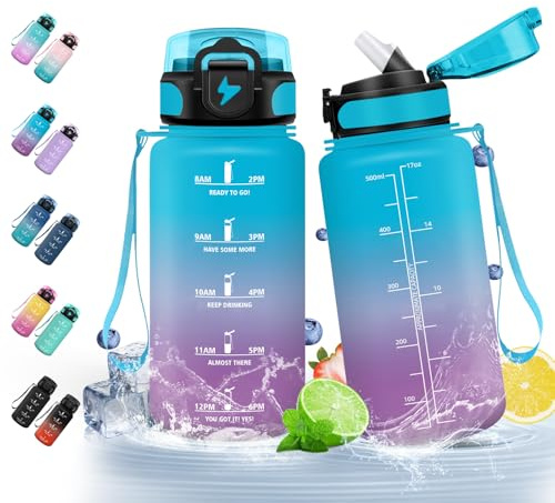 HoneyHolly Trinkflasche Sport 500ml, Auslaufsicher, Wasserflasche BPA-Frei, Motivierende mit Zeitmarkierung, Trinkflasche mit Strohhalm, Sportflasche, für Kinder, Schule, Fahrrad