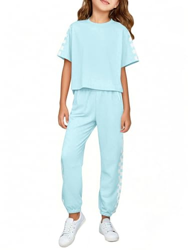 Haloumoning Bambini 2 Pezzi Abiti Ragazze Estate Plaid Manica Corta T-shirt e Pantaloni Set di Abbigliamento Moda, Blu, 13-14 Anni