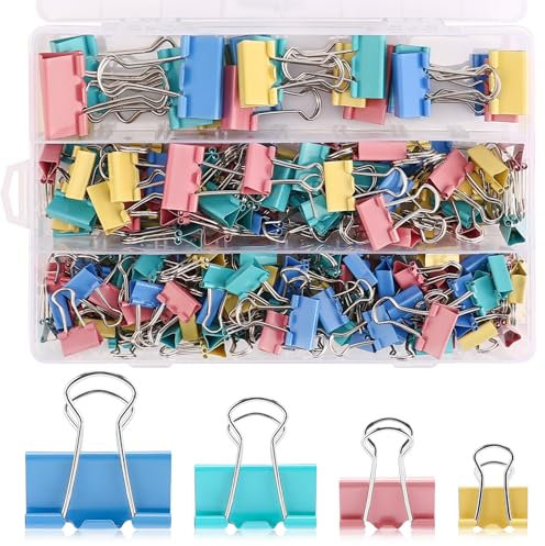 Mexgcom 170 Stück Foldback Klammern - 15mm/19mm/25mm/32mm Papierklammern Bunt - Binder Clips Metall Klammern Büroklammern - Dokumenten Clips für Schule, Büro und Haushalt