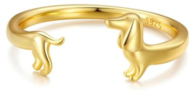 Mignon Dachshund Bague 925 Argent Sterling Animal De Compagnie Chiot Wrap Finger Band Bague Déclaration Ouverte Bandes Réglables Bijoux Pour Les Femmes Amoureux Des Animaux De Compagnie (Doré)