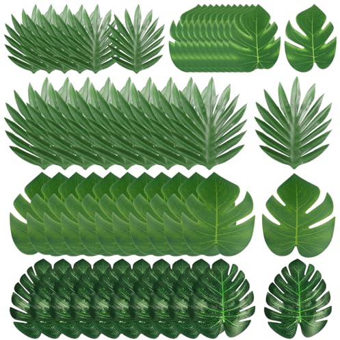 50 Stück Künstliche Palmenblätter Deko, 5 Größe Tropische Dschungel Deko Künstliche Blätter Palmblätter, Hawaiianische Künstliche Monstera Blätter Für Party, Grün Strand, Dschungel, Partydekorationen