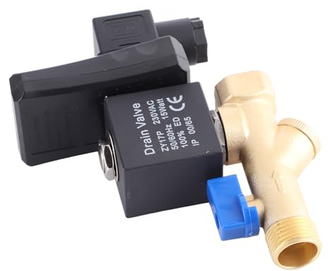 UPALDHOU Válvula de Drenaje del Temporizador para Manejo del Condensado del Compresor de Aire, Válvula Ajustable Abierta y Tiempo Cercano, Desechos Menos Aire Comprimido, G1/2 DN15 (AC230V)