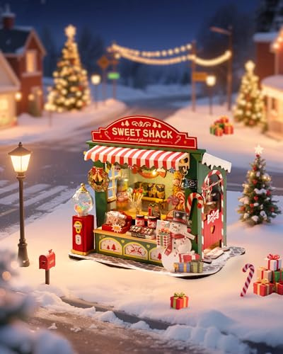 Rolife Maison Miniature Étal de Bonbons de Noël, 170 pièces Maquette Maison 3D Puzzle Maison de Poupée en Bois 3D à Construire Book Nook pour Adultes Pas de Colle nécessaire Décoration de Noël