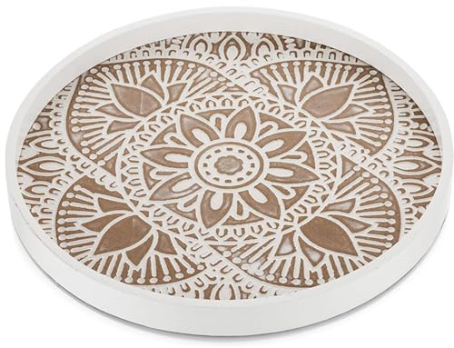 Yuelulala Round Wood Decorative Tray Rustic White Boho Coffee Table Tray Farmhouse Tray Decor Centerpiece Wooden Circle Serving Trays for Home Kitchen Counter Decor Bathroom(A149-1)