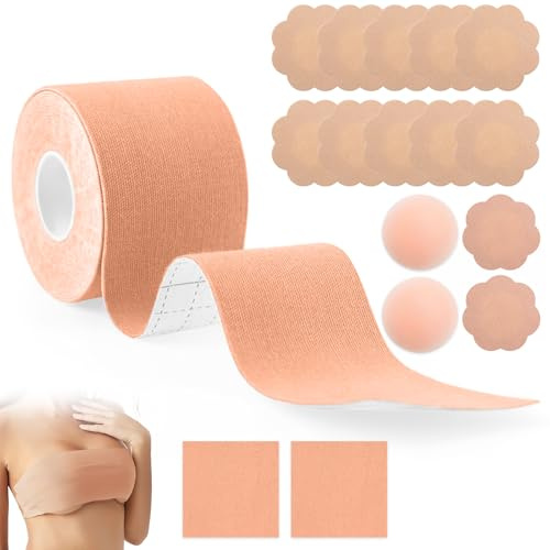 Boob Tape, Set de Cinta Adhesiva Pecho con Pezoneras Adhesivas Invisibles – Efecto Push-Up & Look Pecho Reforzado | 5m Cinta Elástica + 2 Pegatinas Sujetador Silicona Reutilizables para Copas A-G
