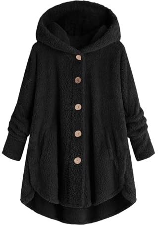 Generisch Vestes de lit pour femme en polaire moelleuse, grande taille, capuche avec boutons, manches longues et poche pour l'hiver, Noir , XL