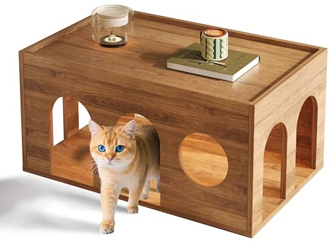 Table basse avec trous pour chat - Armoire à litière pour chat - Pour couloir, salon, chambre à coucher - 80 x 50 x 40 cm - Noyer