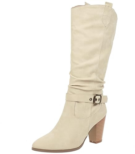 LarDorLin Femme Pointu Knee High Bottes D'Équitation Bloc Hiver Warm Western Equestrian Mode Slouchy Booty Beige Taille 36 EU