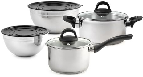 H&H, Batteria di Pentole, 8 Pezzi Avant in Acciaio Inox 18/10, Triplo Fondo per Tutti i Piani Cottura, Inclusa Induzione, con Bowl e Coperchi