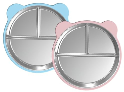Abiyou Platos de Acero Inoxidable con Ventosa para Bebé, 2 Piezas Platos de Acero Inoxidable para Bebé, Platos para Niños Pequeños, Alimentación para Bebé Antideslizante, para Alimentar a los Bebés