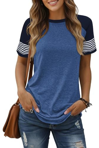 Cuptacc T-shirt för damer Elegant färgmatchning Raglan kortärmad T-shirt för damer Stripad casual tunika Lösen rund hals överdelar, Kungsblå, M