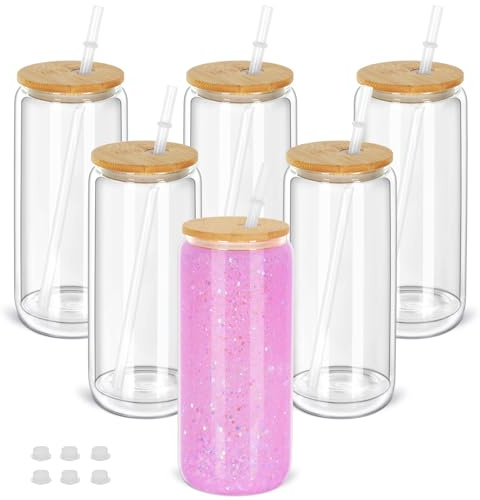 Cosictic 20 OZ Glas-Schneekugel-Tumbler mit vorgebohrtem Loch und Stopfen, 591ml, Doppelwandige Schneekugelbecher für Schneekugel Glitzer DIY, (6 Stück)