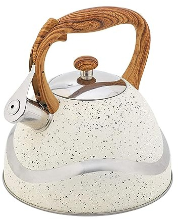 Bouilloire sifflante moderne en acier inoxydable de 2,5 l pour cuisinière à induction, design flûte avec poignée confortable, compatible avec toutes les sources de chaleur, finition blanche élégante