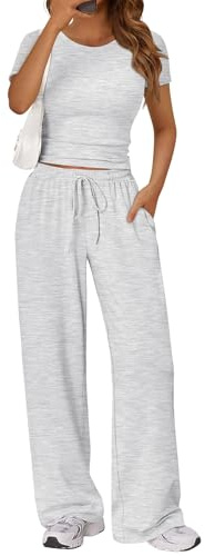 LILLUSORY 2 Piece Loungewear Pjs Sets for Women UK Summer Vacation Travel Outfit Airport Casual Elastic Waisted Wide Leg Trousers Co Ord Sets Dressly Capsule Wardrobe Clothing 2026 Oatmeal Grey L