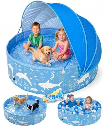 EPN Hundepool mit Sonnendach 140cm – Faltbares Hundebad & Kinder-Planschbecken, Tragbarer Klapppool aus PVC mit UV-Schutz für Große Hunde, Katzen (Outdoor-Wasserspaß für Garten & Strand)