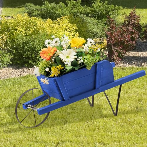 S AFSTAR Wheelbarrow Planter, Wood Small Flower Plant Pot Wheelbarrow Cart with Metal Wheel & 9 Replaceable Magnet Accessories, Wooden Wagon Planter Wheelbarrow for Outdoor Garden Backyard (Blue)
