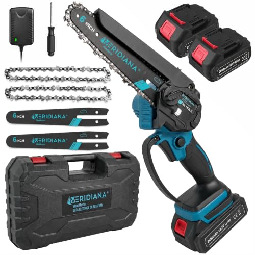 Meridiana Mini Motosega a Batteria senza fili per Potatura - 6 Pollici Motosega Elettrica Motore 21V con Oliatore Integrato, 2 Batterie 2000mAh, 2 Barre, 2 Catene e Cacciavite in Valigetta Rigida