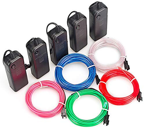 Sunboia 5 Stück 3M EL Wire Kit EL Kabel Neon Beleuchtung leuchtschnur Neon Beleuchtung Draht Lichtschlauch Leuchtschnur für Weihnachtsfeiern Rave Partys Halloween Kostüm Pub(Rot,Grün,Blau,Weiß,Rosa)