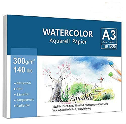Premium Aquarellpapier (A3, 300 g/m², 20 Einzelne Blätter), Aquarellblock Glatt Watercolor Paper, Strukturiert & Matt Aquarell Papier für Aquarellmalerei Wasserfarben Gouache Acryl & Aquarelltechniken