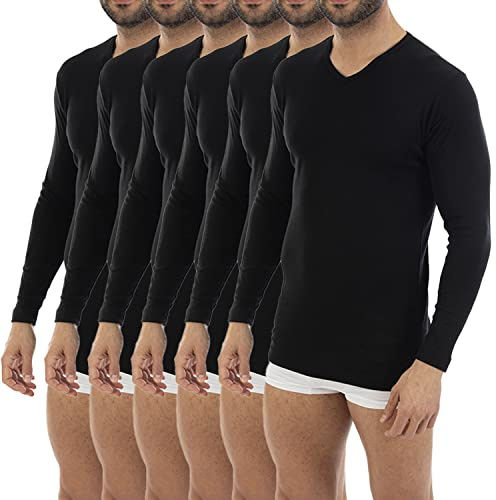 Pack Ahorro de 6 Unidades. Camiseta Interior cálida de Hombre L150, Manga Larga y Cuello de Pico.