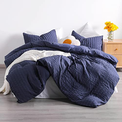NTBAY - Set copripiumino con 2 pezzi, motivo Seersucker, 2 pezzi, 1 copripiumino + 1 federa, in microfibra lavata, con chiusura a cerniera, 172,7 x 228,6 cm, colore: Blu navy