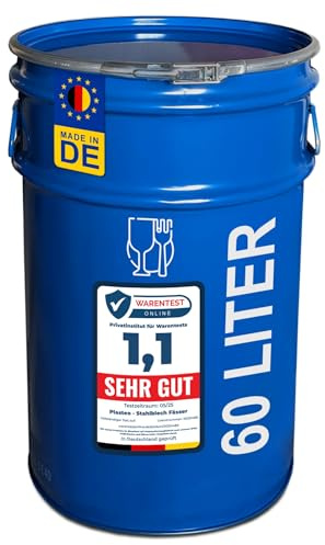 plasteo® 60 Liter Stahlfass Hobbock Deckelfass | Lebensmittelecht | UN-Zulassung | Made in DE | 2 Patentfallgriffe | Mülleimer Behälter Mistkübel | Transport und Aufbewahrung | Robust Stabil