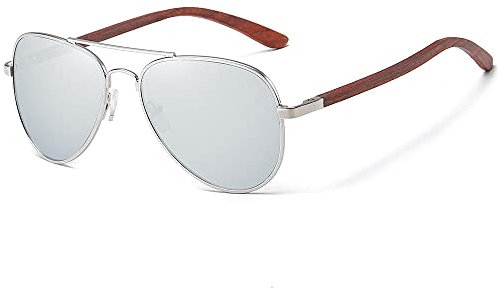WQZYY&ASDCD Sonnenbrille Herren Damen Klassische Holz Flieger Metallrahmen Holz Herren Metall Fahren Luxus Sonnenbrille-Silber