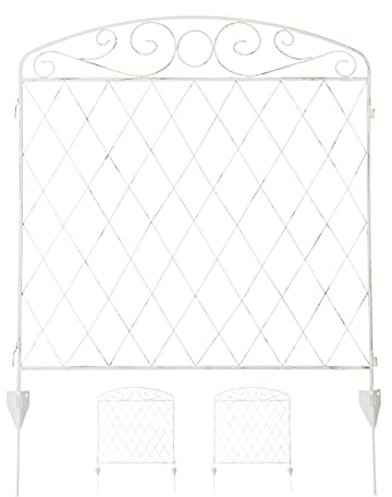 Relaxdays Gartenzaun, Metall Steckzaun HxB: 91x278 cm, 3 Zaunelemente, Vintage Design, Zierzaun für Teich & Garten, weiß