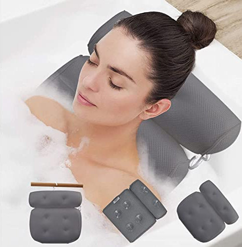 Badewannenkissen Grau, Badekissen Badewannen 6 Saugnäpfen Bath Whirlpool Kissen Duschkissen Nackenkissen Spa Komfort Nacken Pillow Badesofa Gift 3D Mesh Gewebe Technologie Stützfunktion Kopf Rücken