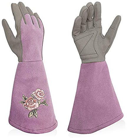 EUYIMOMO gartenhandschuhe,Gartenschnitt stichfeste langärmelige Druckhandschuhe, rutschfeste Lederhandschuhe für den Garten - lila M