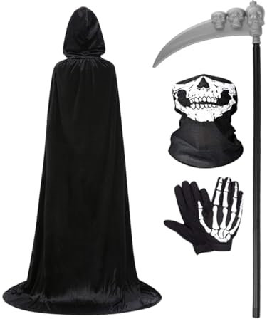 Wishstar Halloween Kostüm Sensemann, Umhang mit Kapuze 150 cm, Halloween Costume Schwarz, Halloween Kostüme Cape mit Sense Skeletthandschuhe Maske für Unisex Halloween Party Rollenspiel