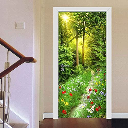 JFEDMN Türtapete selbstklebend Türposter - Türtapete 77x200cm 3D Sonnige grüne Waldlandschaft Abnehmbar Fototapete Türfolie Poster Tapete Türaufkleber für Tür Wohnzimmer Schlafzimmer Küche Bad