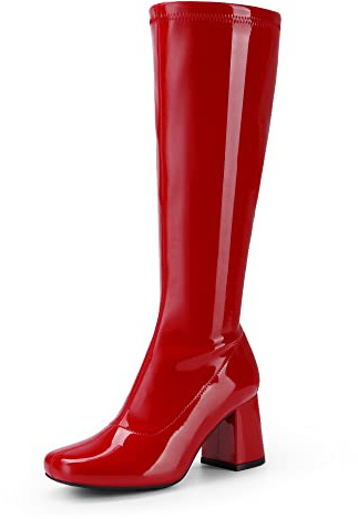 DREAM PAIRS Women's Gogo Boots Chunky Knee High Boots,Red/Patent/Pu,7