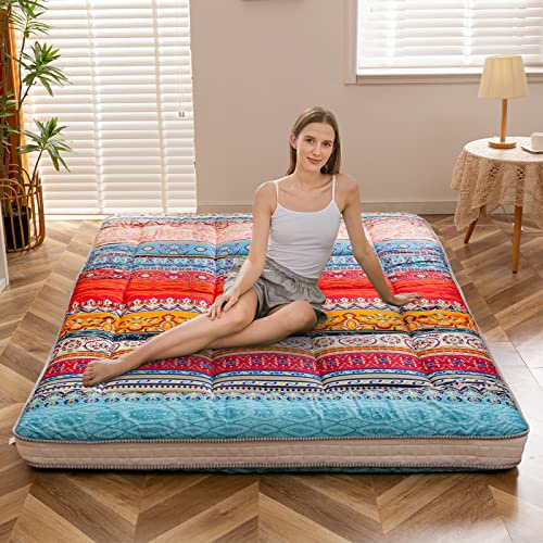 MAXYOYO, Materasso stile Futon, materasso per pavimento stile giapponese, motivo con fiori vintage, letto per ospiti arrotolabile, letto da campeggio portatile, Tatami (Bohemian A, 135 x 190 cm)