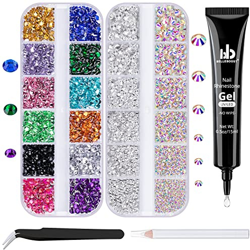 BELLEBOOST Nail Art Rhinestone Kit, 15ml Rhinestone Gel Glue+Colorful Gems+Flatback Glass Crystal AB&Clear Gemstones with Pickup Tools for Bedazzling Nail and Face Makeup