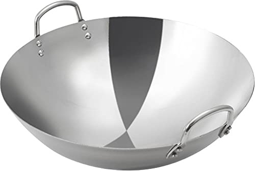 OQHAIR Wok en Acier Inoxydable Non Enduit Wok Commercial Chinois Double Oreille 40cm 47cm Polissage Facile à Nettoyer Non magnétique Augmentation Épaisse Wok Antiadhésif Convient aux Cuis