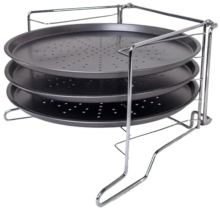 Intirilife Pizza Blech Set dreistöckig mit Gestell - 28 cm Durchmesser - 3 runde Backbleche Antihaft Beschichtet gelocht Pizzabäcker Set für Pizza Flammkuchen