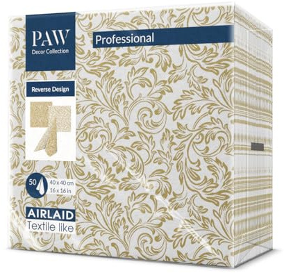 PAW - Servilletas Papel Airlaid (40 x 40 cm) I 50 Piezas I Ideal para Bodas, Bautizos, Comuniones, Cumpleaños I Decoración de Mesa I Reverso Baroque Etude Oro
