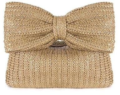 BLacOh Korbtaschen Damen Mode-Trend Schleife Stroh gewebte Handtaschen Designer Frauen handgewebte Rattan Abend Clutch Taschen Party Geldbörse Tageskupplungen Strohtaschen Damen