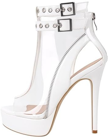 blingqueen Damen Peeptoe Sandaletten Transparente Stiefeletten Plateau Stiletto High Heels mit Riemen Schnallen Weiß 43 EU