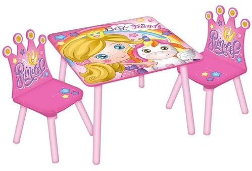 URBNLIVING Kids Wooden Table & 2 Chairs Themed Set Furniture for Play Room Study Desk Toddlers Junior (Princess)